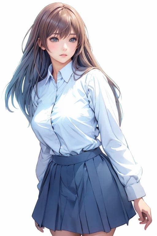 Anime style, 1 female student, whole body, side 1.5, big breasts, standing, long-sleeved white shirt 1.5, leather shoes, gray-blue pleated skirt, long brown hair, white background

