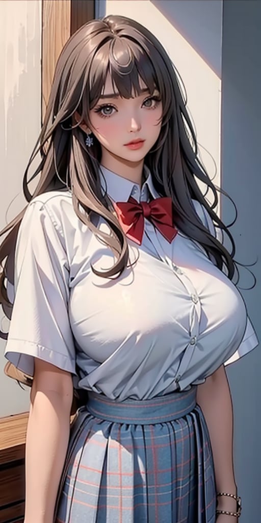 ealistic image of elegant lady, Korean beauty, supermodel, straight brown hair, (bangs 1.3), beautiful eyes, radiant, ice theme, custom design, 1girl, Venus figure with big breasts, red bow tie, white shirt, short sleeves, gray-blue plaid skirt, standing, school,sasha