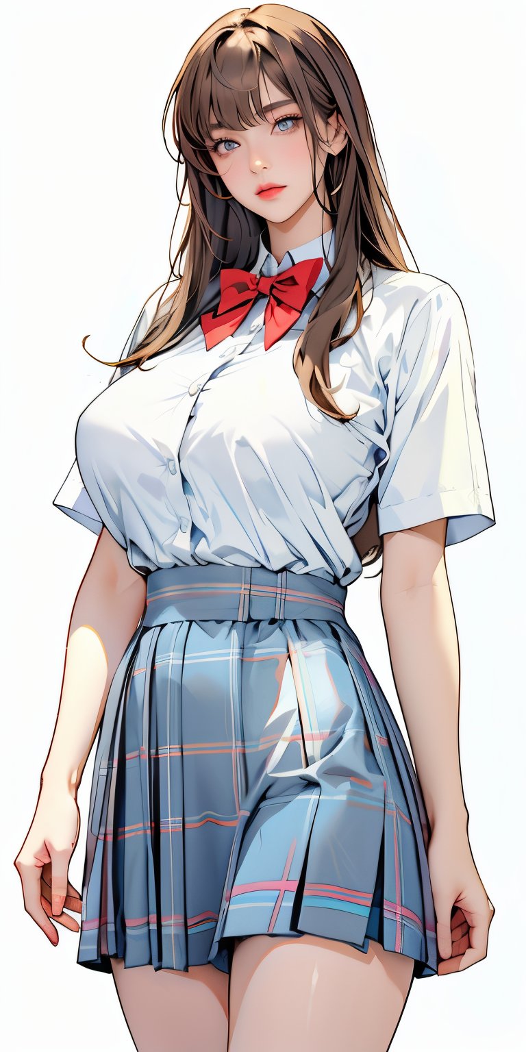 ealistic image of elegant lady, Korean beauty, supermodel, straight brown hair, (bangs 1.3), beautiful eyes, radiant, ice theme, custom design, 1girl, Venus figure with big breasts, red bow tie, white shirt, short sleeves, gray-blue plaid skirt, standing, white background 1.2, outline,sasha,wlop,niji