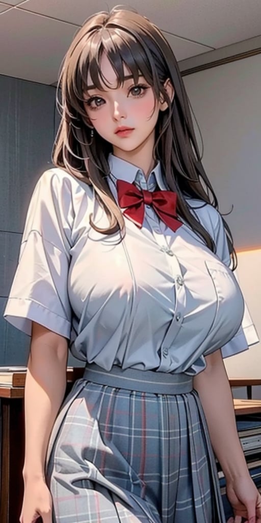 ealistic image of elegant lady, Korean beauty, supermodel, straight brown hair, (bangs 1.3), beautiful eyes, radiant, ice theme, custom design, 1girl, Venus figure with big breasts, red bow tie, white shirt, short sleeves, gray-blue plaid skirt, standing, school,sasha