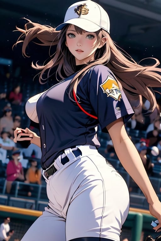 Anime baseball player in uniform throwing a ball, Highly detailed official artwork, Detailed digital anime art, Scope Murata and Artgerm, [4k Digital Art]!!, Clean detailed anime art, Artgerm and Atey Ghailan, Marin Kitakawa Fan art, best anime 4k konachan wallpapers, cinematic lighting, filters, 1girl, detailed face, beautiful detailed eyes, (big breasts 1.2), big ass, dynamic angles, fine and beautiful hair, extremely fine and beautiful cloth , perfect face, perfect eyes, perfect lips, (baseball uniform), (baseball cap), (cowboy shooting), zettai Ryouiki (baseball field), high-detailed, midway, high-detailed, (bouncing breasts 1.3) ,outline