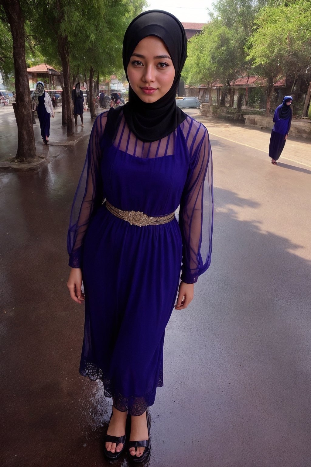 picture from front, ( javanese hijab girl pretty beautiful) ,((wearing a muslim dress transparent)), standing elegant poses, as model, from front, pretty hijab javanese teenage girl, hot,) (people's looking girl)),street place. wet body, romantic girl, innocent, innocent. her body is beautiful,looking at viewer, (cowboy shot) ,(( plumb breasts)), detailed, faint smile, hd, 4k, photoshoot,l,Maya 
