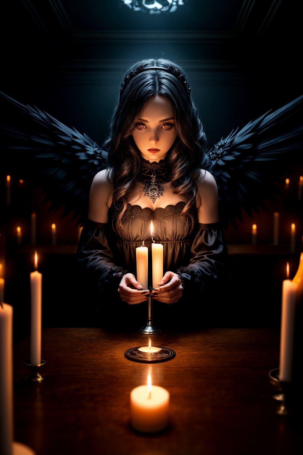 Full body of a Fallen dark gothic female angel. In a gothic club, cute face, surrounded by candles. NFT with a highly detailed, stylized rendering and a unique composition. Jason Ebeyer and Damien Hirst style. Low camera position, low pov.,Detailedface,perfecteyes