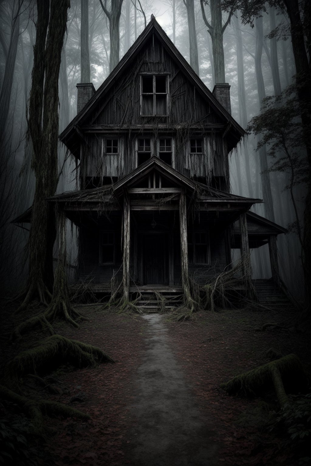 "Generate a detailed and unsettling description of a mysterious and creepy house hidden deep within a dense and ominous forest. Emphasize eerie architectural elements, decaying features, and the overall sense of foreboding that surrounds the structure. Capture the feeling of both fascination and unease that one might experience when stumbling upon this unsettling place."