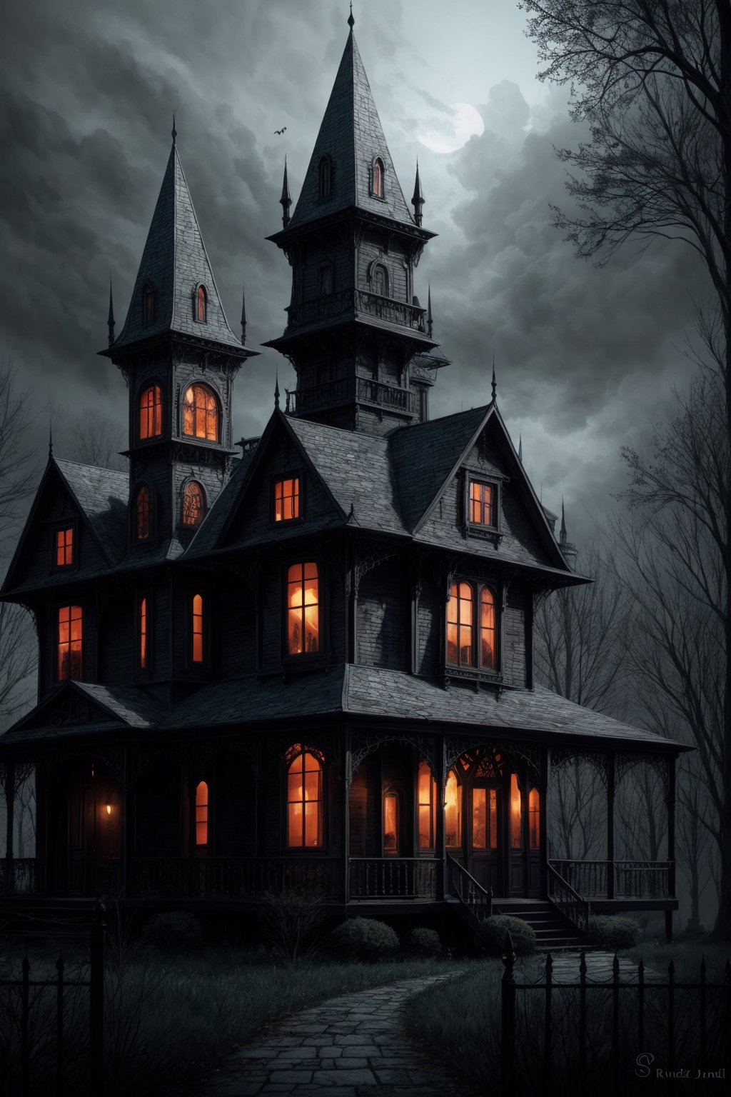 arafed house with a creepy roof and a creepy graveyard, spooky mansion, gothic mansion, haunted gothic hotel, background artwork, inspired by Andreas Rocha, ultra detailed haunted house, haunted house, eerie highly detailed, haunted house themed, victorian manor, victorian house, stefan koidl inspired, by Tomasz Jedruszek