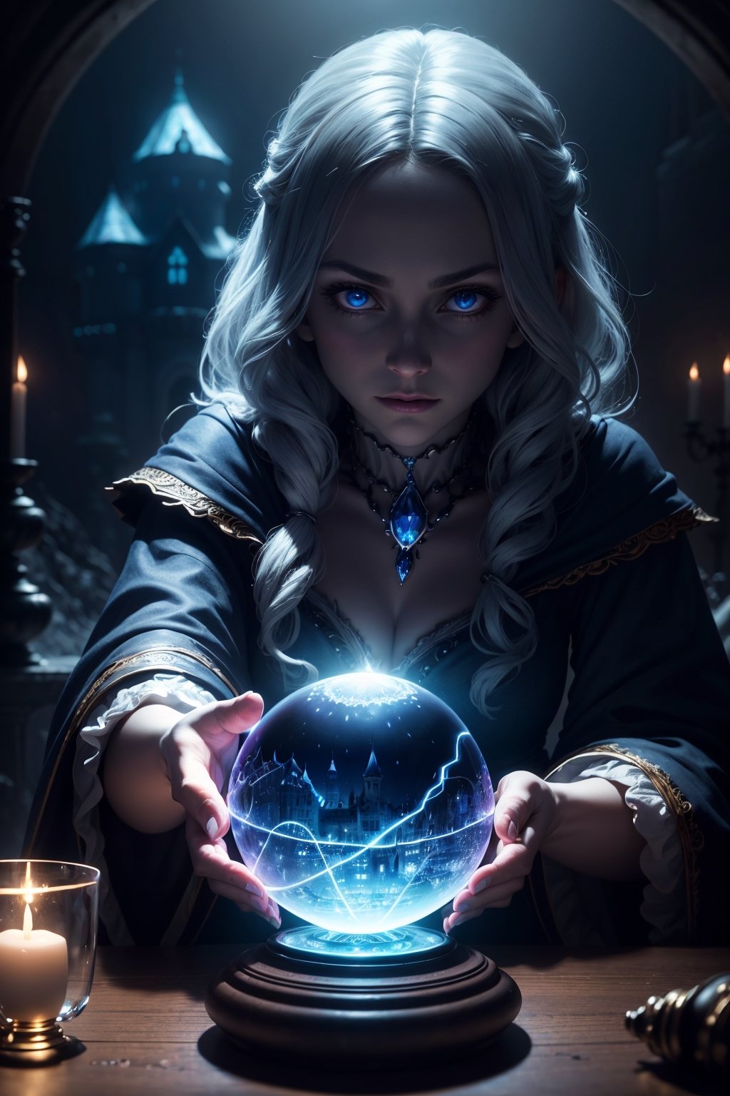 Moonlight, The evil witch casts magic on the Crystal ball in front of her, (There is a castle in the Crystal ball), The witch's eyes emit a blue flame, Electroluminescent Wire, Dreamy Glow, anatomically correct, (Photorealistic,masterpiece,best quality,UHD,extremely detailed, Cinematic Lighting )
