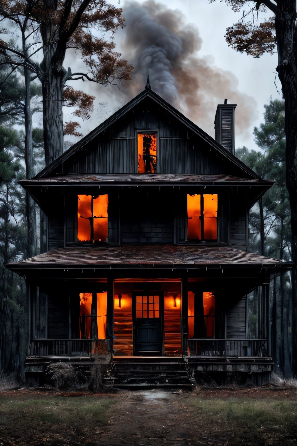 killer house in forest at fire front right side view, dark old house, , horror, creepy place HDR,, ((intricate details)), ((intricate details, )), cinematic, volumetric lighting so scary
