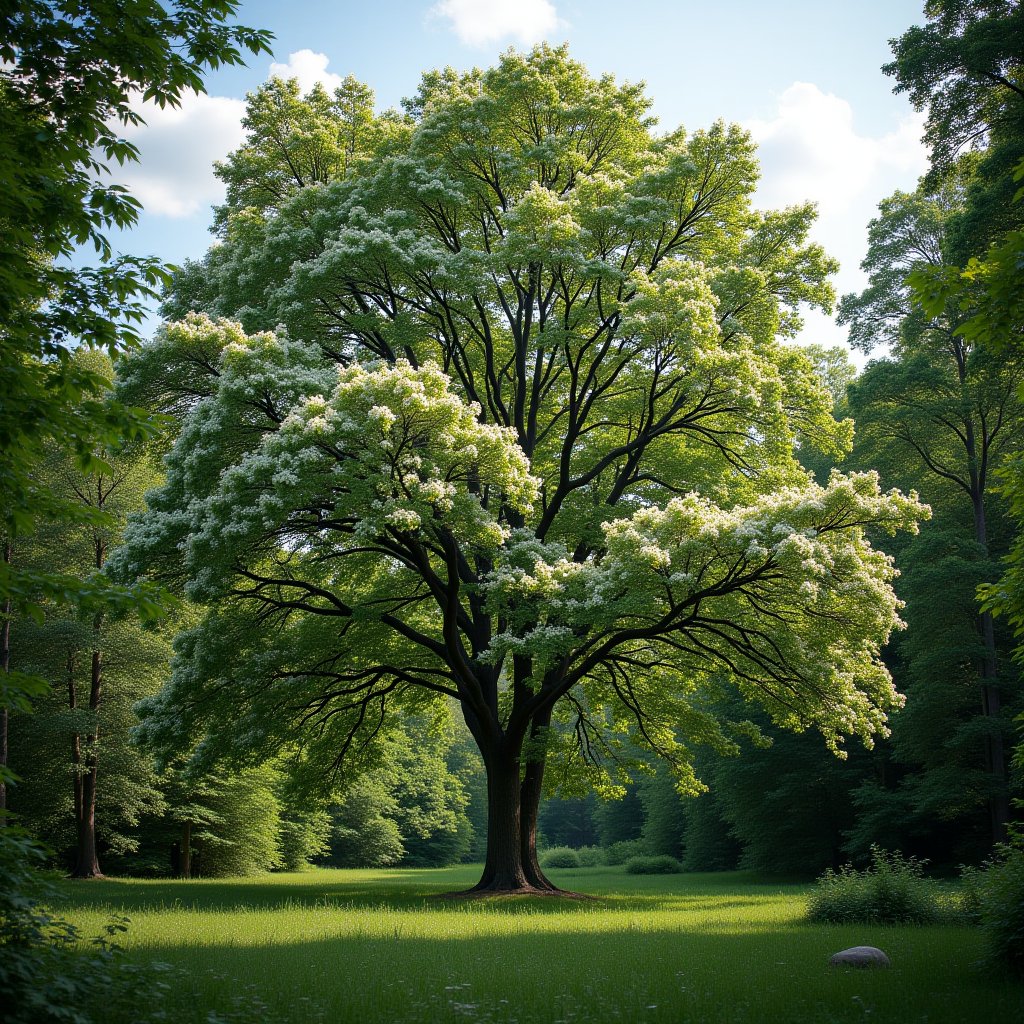 A big tree with white small flowers. In a forest. Sprig, landscape, professional photograph 