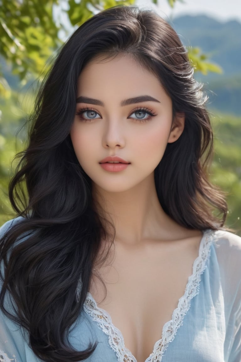 20 years old female beauty, high detailed, nature background, photo realistic, single long wavy black hair, round face, curvy, black round eyes, full cheeks, M-shaped small forehead, white and sky blue cloths, high quality, wide range of colours, photo r3al, detailmaster2