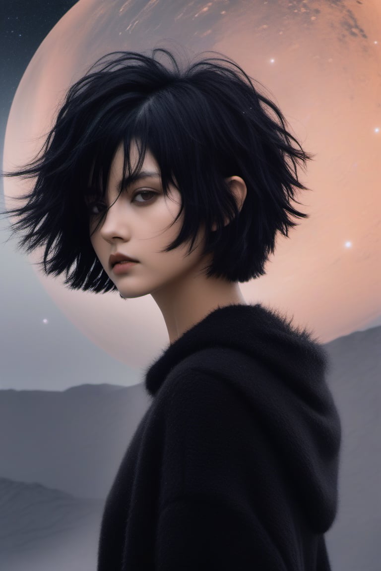 xxmix_girl,1girl,fluffy short hair,dark theme,black hair,messy hair, (nude:1.3), film grain,fog,black thememTyndall, (planet (mars:1.2) background)