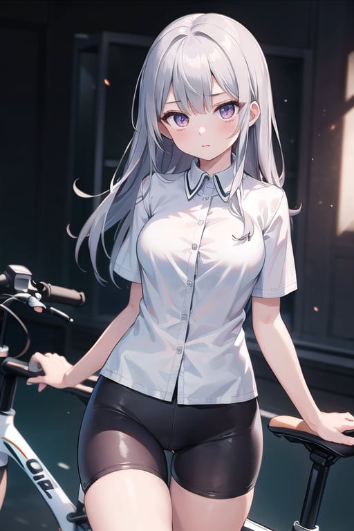 (masterpiece), best quality, high resolution, highly detailed, detailed background, perfect lighting, 1girl, widow's peak, silver eyes, medium breasts, mandarin collar shirt,bike shorts, university