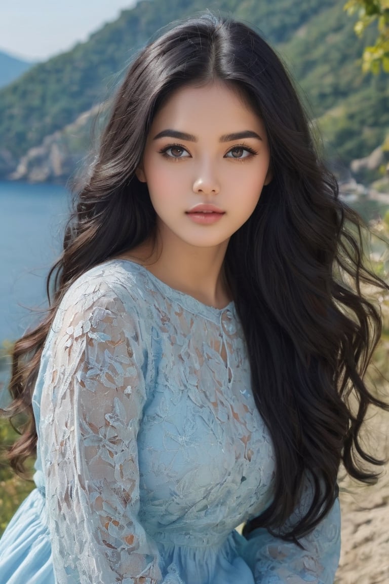 20 years old female beauty, high detailed, nature background, photo realistic, single long wavy black hair, round face, curvy, black round eyes, full cheeks, M-shaped small forehead, white and sky blue cloths, high quality, wide range of colours, photo r3al, detailmaster2