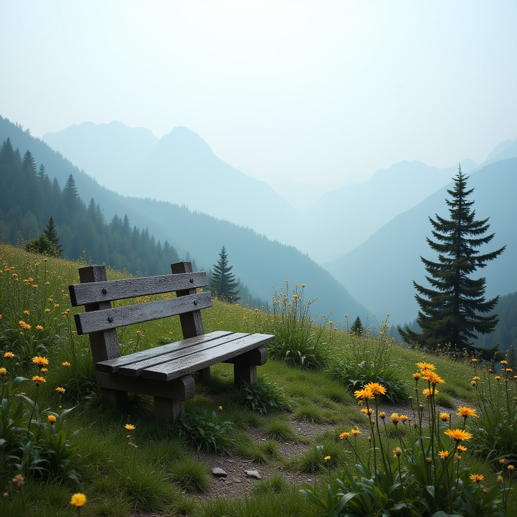 Garden bench in top of mountain. Morning, spring, flowers, wild, Mountain range. Natural, nature, misty