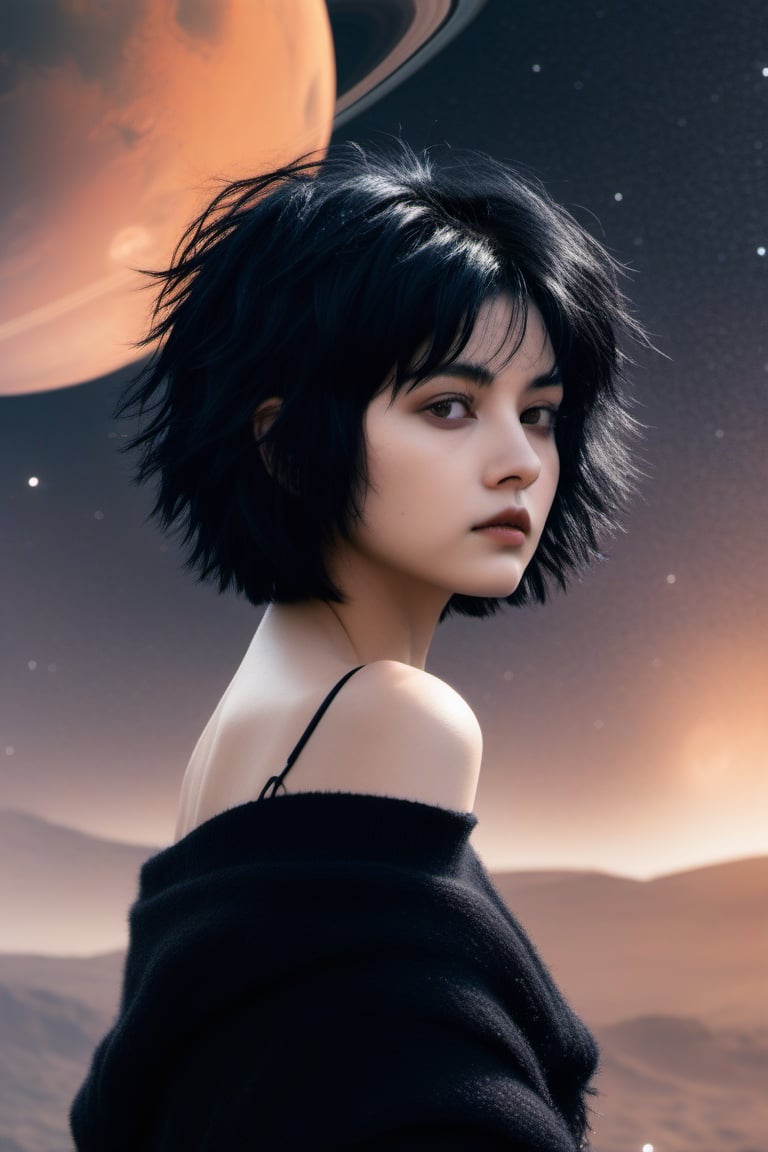 xxmix_girl,1girl,fluffy short hair,dark theme,black hair,messy hair, (nude:1.3), film grain,fog,black thememTyndall, (planet (mars:1.2) background)