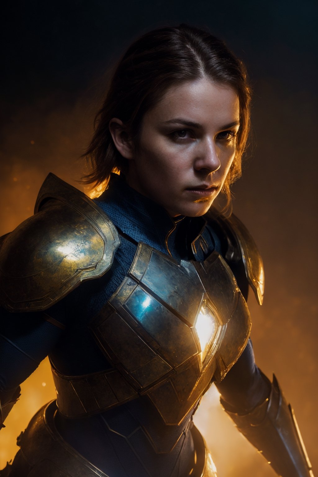 portrait, yellow and blue armor superhero, swept back brown hair, wearing black and red skintight, combat outfit, full body portrait, dim volumetric lighting, intricate, epic composition, cinematic lighting, deep color, fantastical, splash screen, complementary colors, fantasy concept art, chiaroscuro, bioluminescent