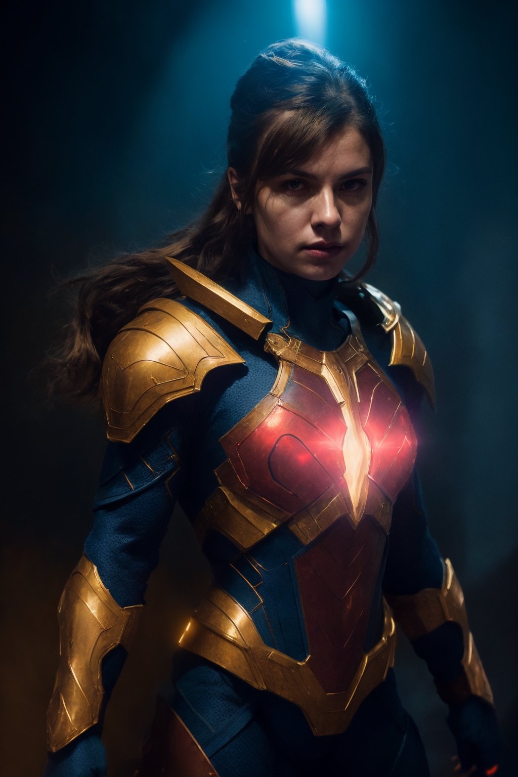 portrait, yellow and blue armor superhero, swept back brown hair, wearing black and red skintight, combat outfit, full body portrait, dim volumetric lighting, intricate, epic composition, cinematic lighting, deep color, fantastical, splash screen, complementary colors, fantasy concept art, chiaroscuro, bioluminescent