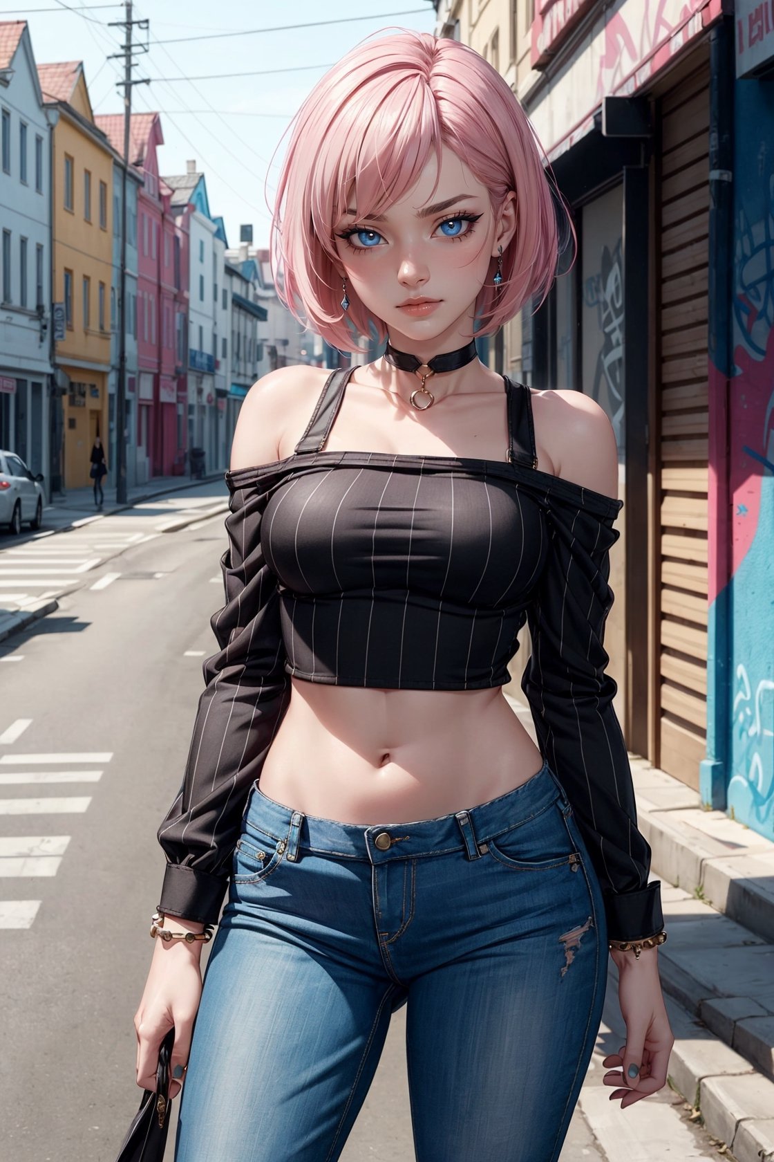 (masterpiece, best quality: 1.4), (1girl, solo), (a stand woman: 1.4), (pale skin), texture skin, (perfect face, expressive eyes, blue eyes, eyeliner), gorgeous, (bob cut pink hair with fringe), (mid breast), ((black striped long sleeve punk shirt)), (black bracelets), bare shoulders, denim pants, glow skin, low smile, standing on a graffiti street, sexy pose, (smile), (black choker), cowboy shot, looking at viewer, blurry_background.