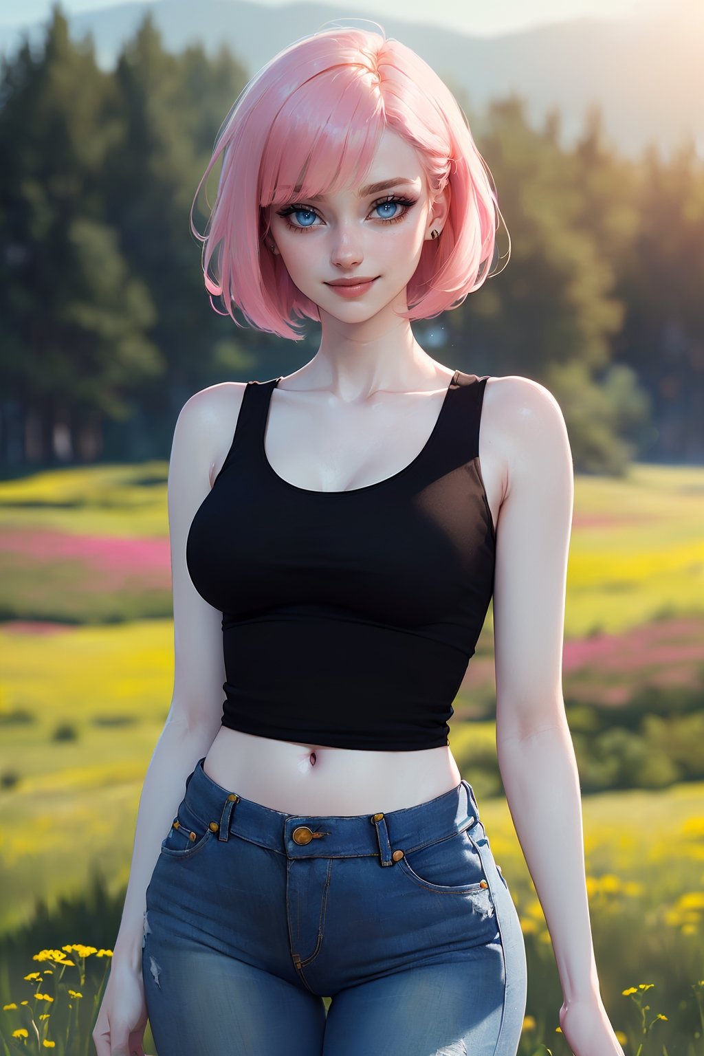 ((masterpiece, best quality: 1.4), (1girl, solo), (a stand woman: 1.4), (((pale skin))), texture skin, (perfect face, expressive eyes, blue eyes, eyeliner), gorgeous, (bob pink hair with bangs), (mid bust), ((black tank top)), (jeans), (in a Meadow), ((low smile)), cowboy shot, blurry_background, looking at viewer, (((volumetric light))),