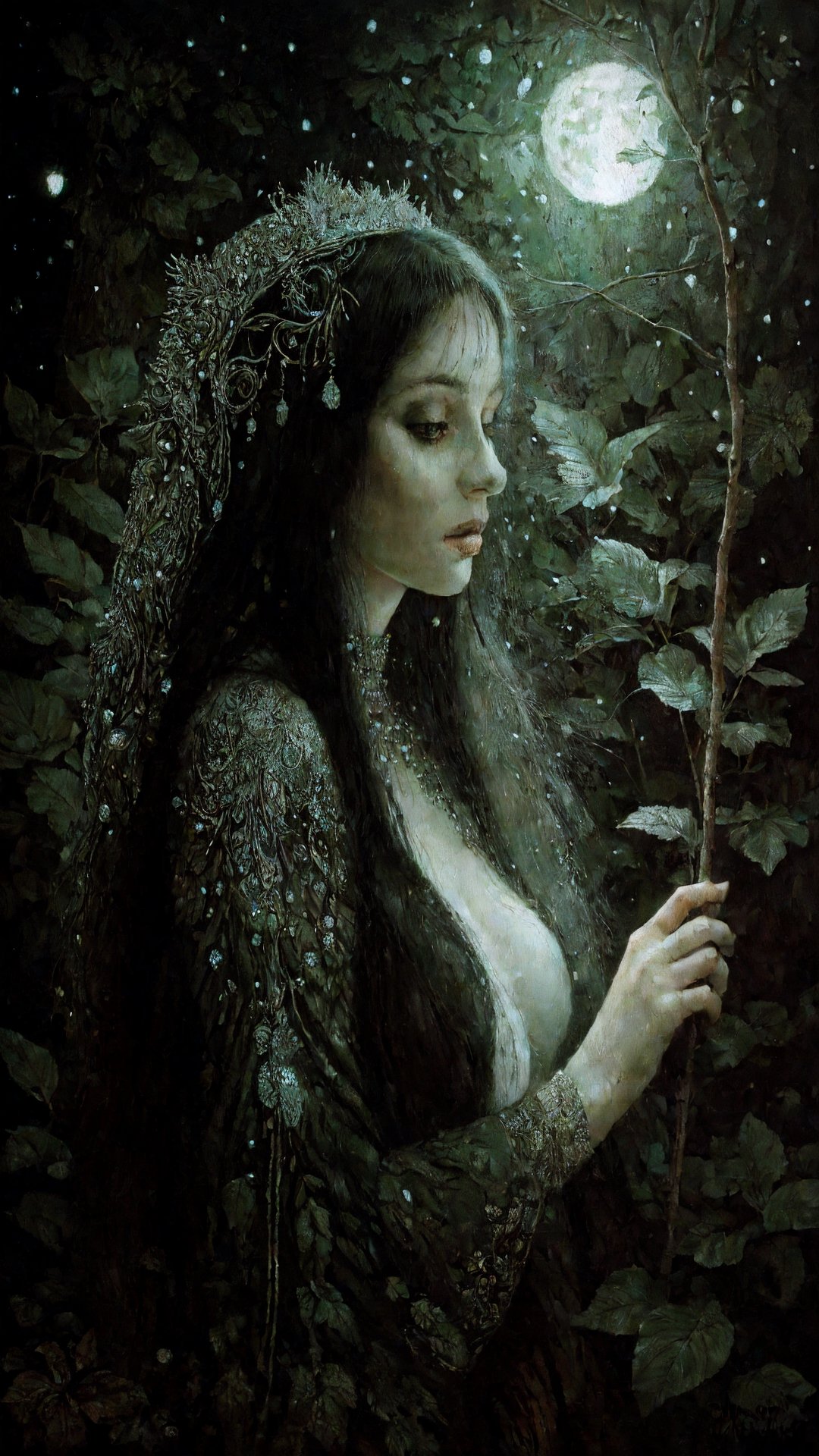 sophisticate detailed painting  by stanislaw_k  of a womn in the forest at moonlight , pastel, glitters , glimmers, insanely detailed textures , stanislaw_k illustration ,occult ,pagan art , fine art ,