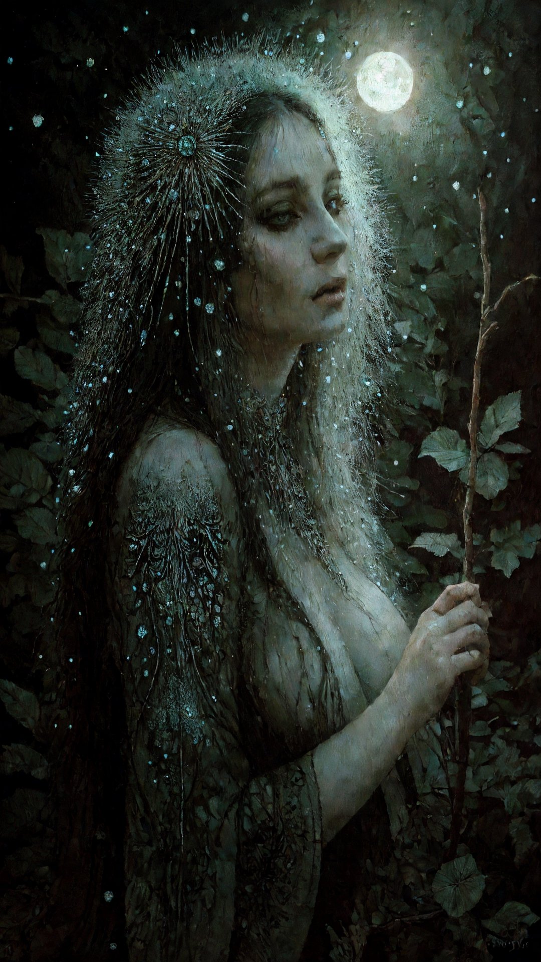 detailed painting  by stanislaw_k  of a womn in the forest at moonlight , pastel, glitters , glimmers, insanely detailed textures , stanislaw_k illustration ,occult ,pagan art , fine art ,