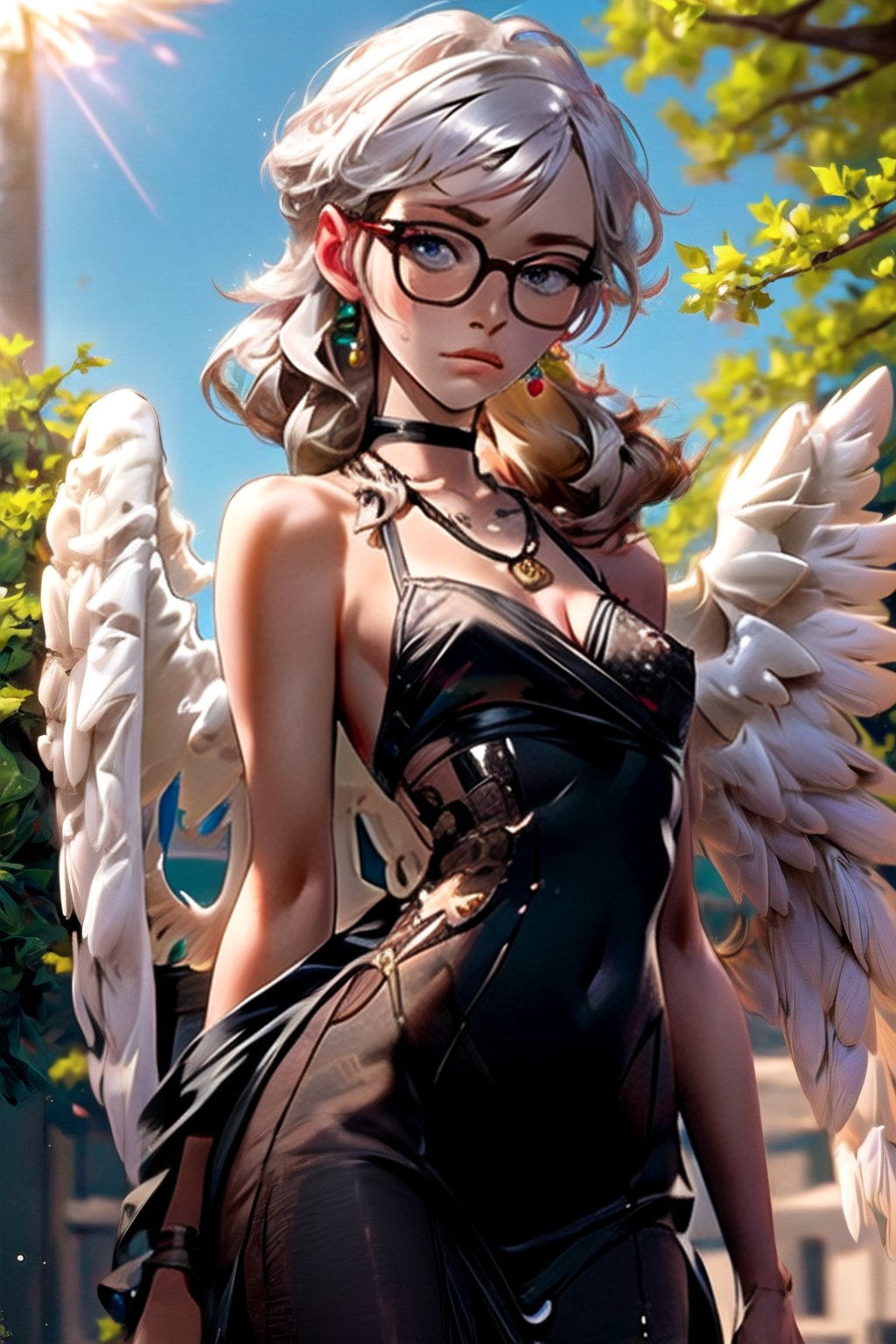 8k quality, best quality, highest quality, samurai, girl, samurai girl, confident , pretty, cute , badass, adventerous, white hair, shiny hair, detailed, small nose, round_glasses, cyan eyes, small lips , tree, winter season, shiny lips, detailed clothes, complex-details, red-necklace, despair ,detaled_background, looking_at_viewer, shiny cyan eyes, proud ,white Hakama, white and black clothes, short hands, wings, angel, shiny wings, sun light on wings, big breasts in shape of tear drop, breasts visible under dress, transparent dress, presenting breasts,transparent