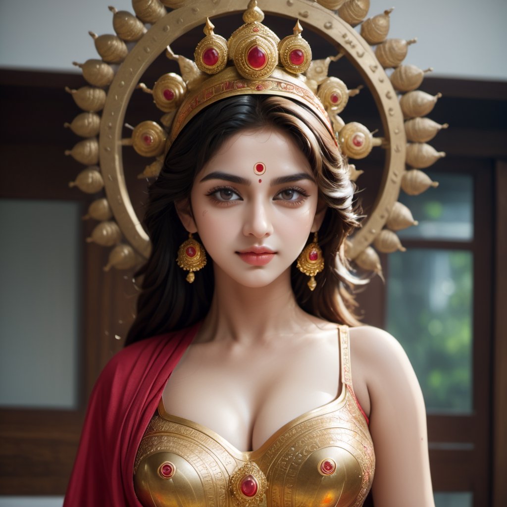 ((Masterpiece)), (best quality), (highly detailed)), Very Beautiful Goddess Durga, Upper Body, Beautiful, Pretty, Radiant, ((full body)), Full body, with beautiful boobs, big boobs, huge boobs, perfect features, and a flawless face, Ultra-detailed, creating a visually stunning composition. 