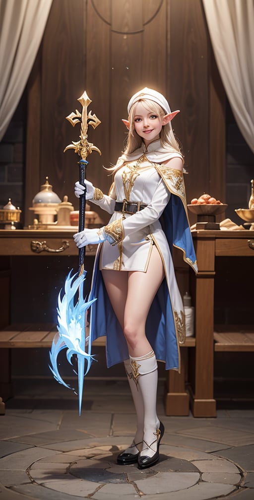 one light elf from the popular game lineage2, the elf stands in full growth, the elf is dressed in a cassock with white shining feathers, a robe, mittens and white shoes, with a blue fiery dagger in her hand, her face is the cutest you have ever seen, a smile on her face ,