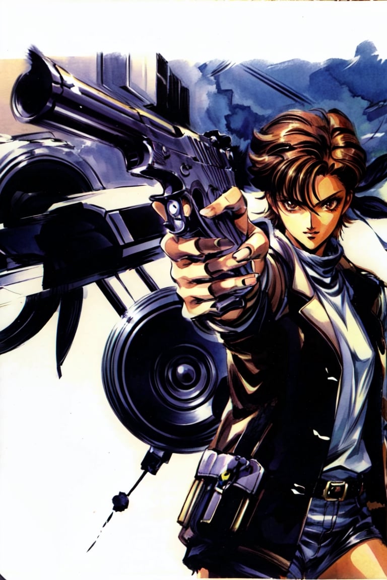 , girl, waterpaint, ((masterpiece)),white background, in a 90s anime setting,   (art by yoji shinkawa), casca, dark skin, brown eyes, brown hair, short hair, holding a pistol 