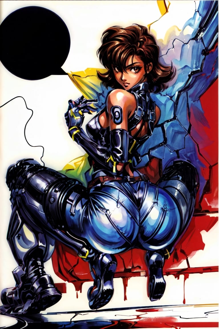 , girl, waterpaint, ((masterpiece)),white background, in a 90s anime setting,   (art by yoji shinkawa), casca, dark skin, brown eyes, brown hair, short hair