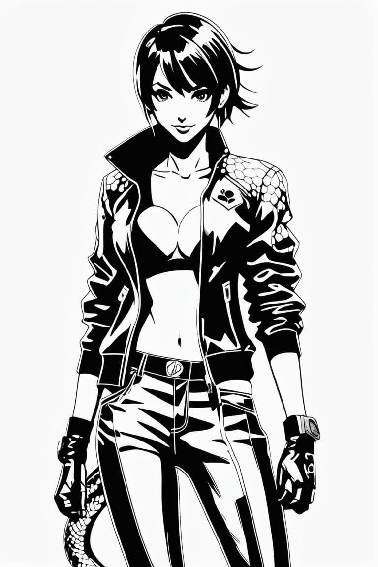 ((masterpiece)) 8k, (Miraculous: Ladybug ) (in a  Yakuza setting) (((art by yoji shinkawa))) hyper detailed () (((((1 girl snake leather jacket))) ()  background, white background, woman, rough_sketch, (()), pencil sketch (((full body))) (black and white) (((((small breast)))), Leonardo Style ,pencil sketch, illustration,Witchblade