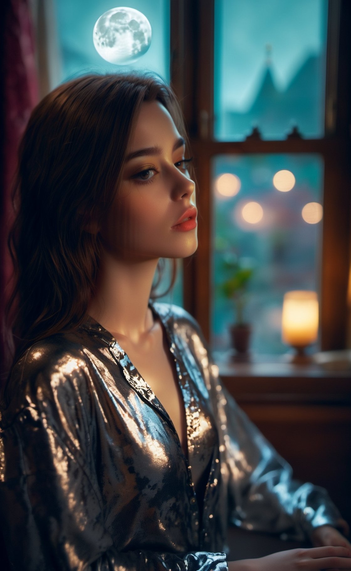 (masterpiece), (extremely intricate:1.3), (realistic), portrait of a girl, the most beautiful in the world, (night suit), metal reflections, full body, indoors, light moonlight, castle bedroom, professional photograph of a stunning woman detailed, sharp focus, dramatic, award winning, cinematic lighting, octane render, unreal engine, volumetrics dtx, (film grain, blurry background, blurry foreground, bokeh, depth of field, moon visible from a window, motion blur:1.3), chainmail,perfecteyes,m4d4m,dashataran,close up