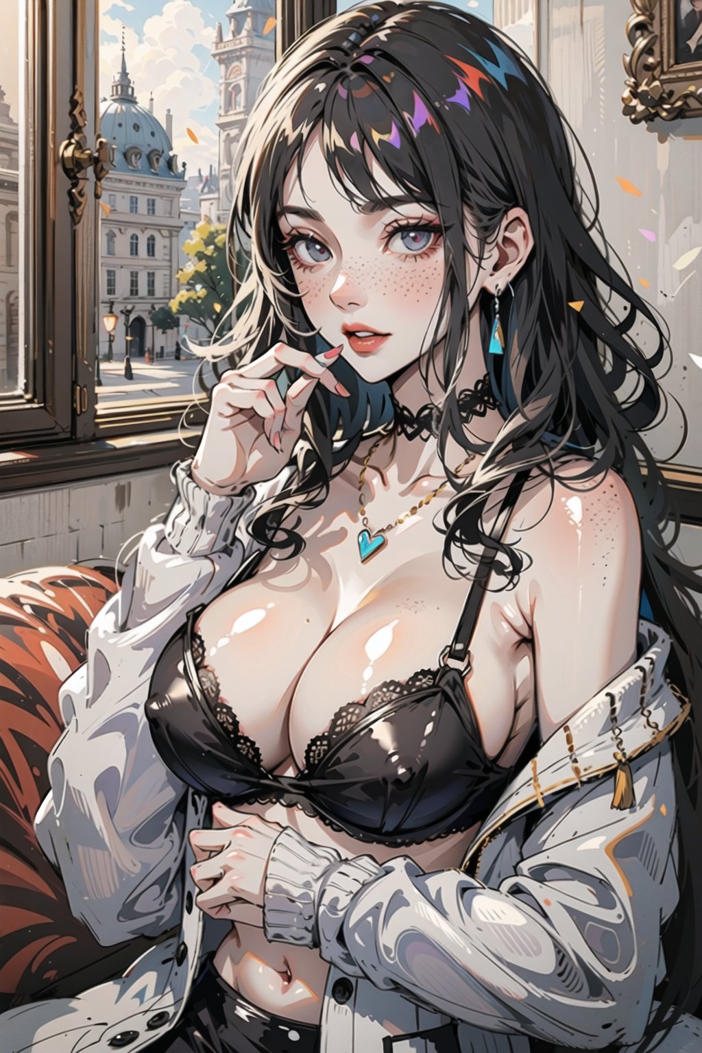 older woman, photo-realistic, shoulder-length hair, aestheticism, eyeliner, cute, dark hair, freckles, thin necklace, european, big boobs, cleavage, (lavender_cardigan1.6), poking nipple, gorgeous