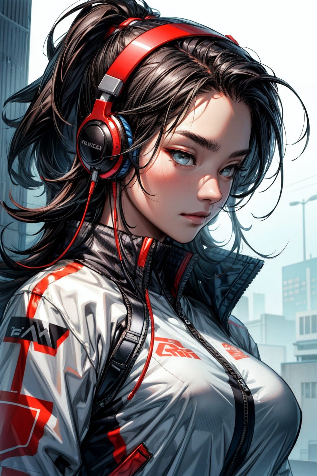 (Best Quality:1.3) sam yang style, :upper body: of a beautiful woman wearing huge oversized headphones, detailed face, open sports jacket, boobs, intricate, digital art, brush, sketch