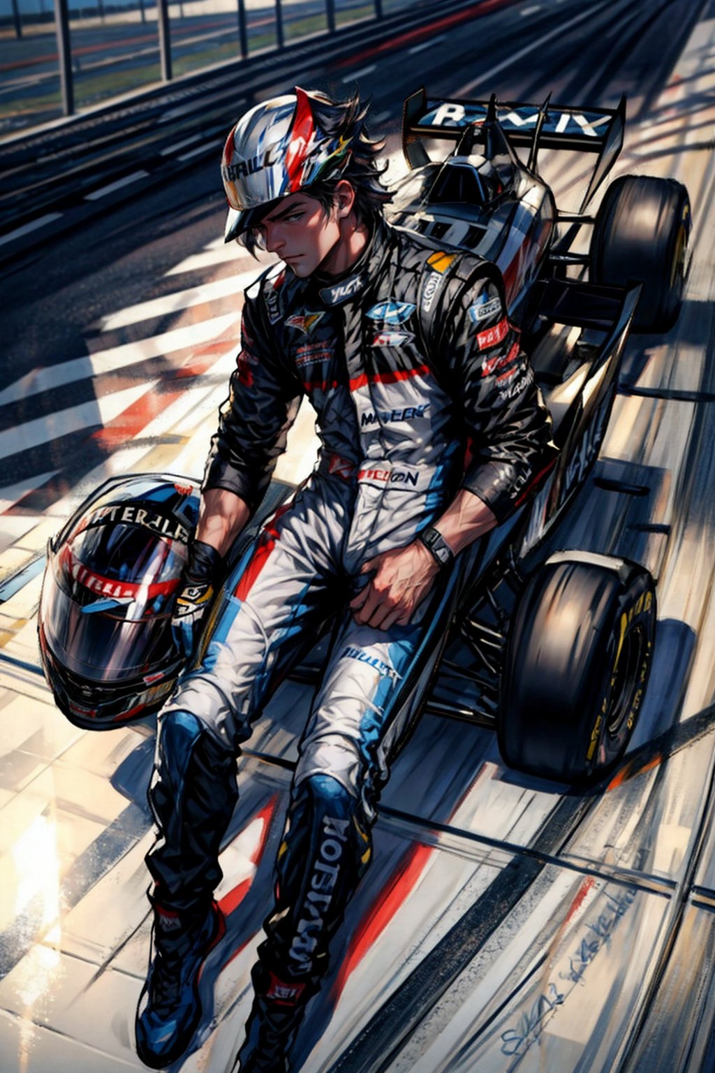 sexy male nascar driver, holding helmet, putting one leg on a formula 1 car