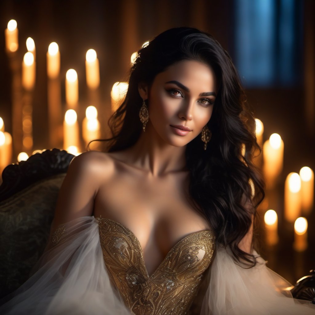 Highest Quality, 4k, masterpiece, Amazing Details:1.1, enigmatic and sensual enchantress, flawless olive skin, smoldering amber eyes, raven-black hair cascading over bare shoulders, wearing a diaphanous gown that dances with shadows and moonlight, Shallow Depth of Field, E671, lens 50mm f/2.0, cradling a mysterious glowing orb, photorealistic, RAW Photo, seductive and knowing smile, reclining on a luxurious chaise lounge, surrounded by candles and mystical symbols, intoxicating and magical boudoir ambiance
