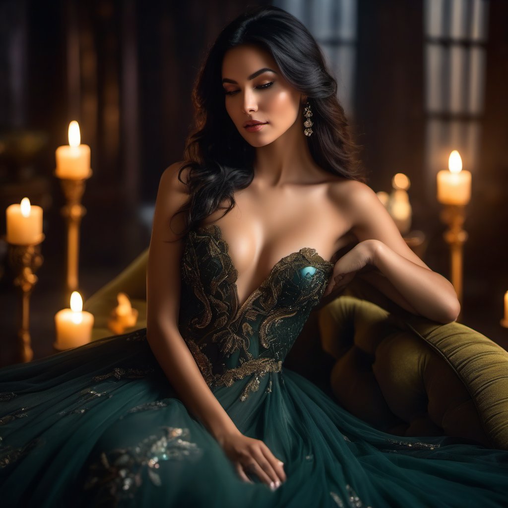 Highest Quality, 4k, masterpiece, Amazing Details:1.1, enigmatic and sensual enchantress, flawless olive skin, smoldering amber eyes, raven-black hair cascading over bare shoulders, wearing a diaphanous gown that dances with shadows and moonlight, Shallow Depth of Field, E671, lens 50mm f/2.0, cradling a mysterious glowing orb, photorealistic, RAW Photo, seductive and knowing smile, reclining on a luxurious chaise lounge, surrounded by candles and mystical symbols, intoxicating and magical boudoir ambiance
