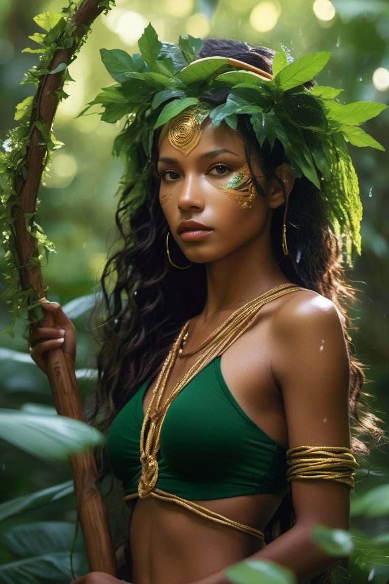 Rainforest guardian woman, earthy brown skin, emerald and gold intertwined hair. Eyes, jungle green, guarding nature's secrets. Leafy headband, lips, ripe berry, singing rain songs. Wooden staff wrapped in vines, xxmix_girl, detailed eyes