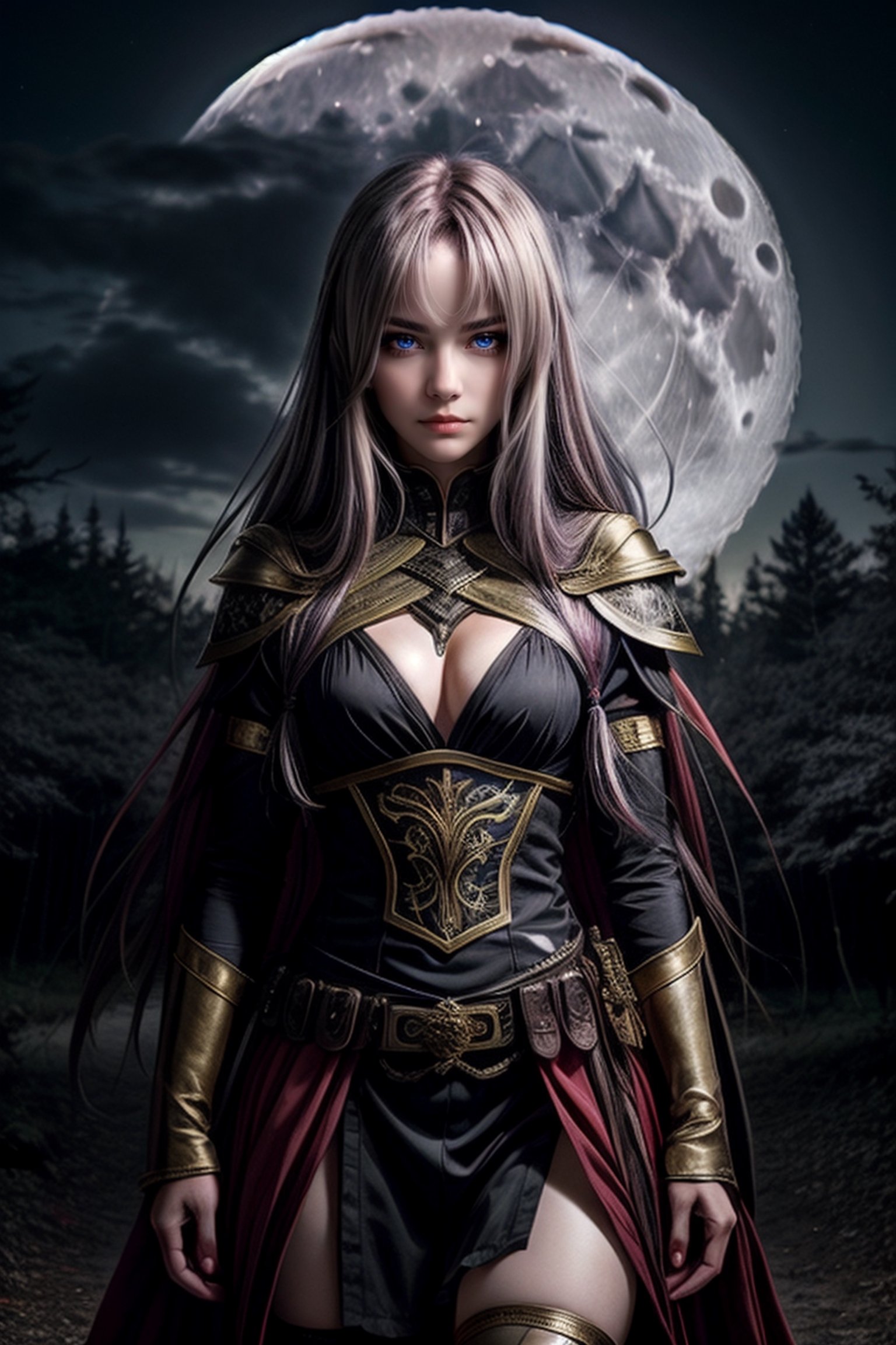An intense anime girl with bronze-colored hair and black eyes, in a dark warrior's costume. She stands in an enchanted forest, the full moon lighting up her determined eyes.

