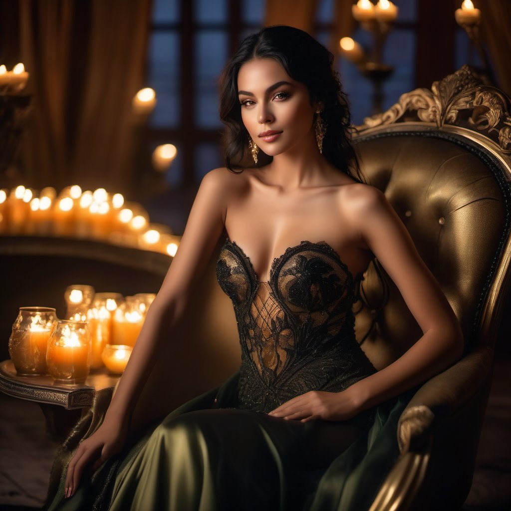 Highest Quality, 4k, masterpiece, Amazing Details:1.1, enigmatic and sensual enchantress, flawless olive skin, smoldering amber eyes, raven-black hair cascading over bare shoulders, wearing a diaphanous gown that dances with shadows and moonlight, Shallow Depth of Field, E671, lens 50mm f/2.0, cradling a mysterious glowing orb, photorealistic, RAW Photo, seductive and knowing smile, reclining on a luxurious chaise lounge, surrounded by candles and mystical symbols, intoxicating and magical boudoir ambiance
