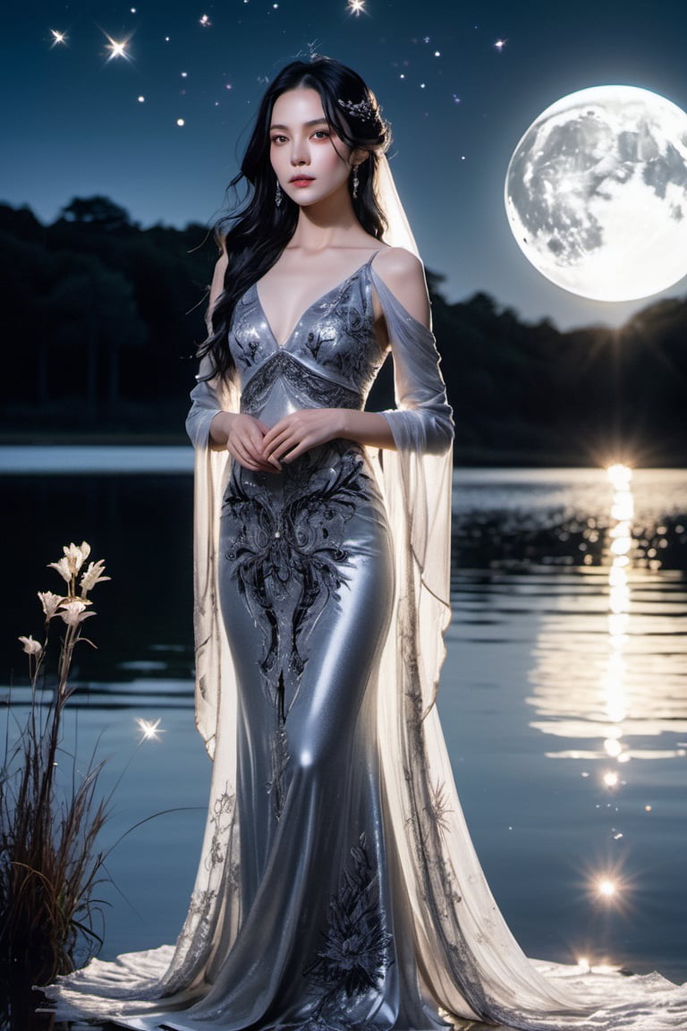 xxmix_girl, detailed eyes, a woman with raven-black hair that cascades in soft waves, wearing a shimmering silver gown with intricate embroidery. She stands at the edge of a tranquil lake, the water mirroring the pale moon and twinkling stars overhead.
