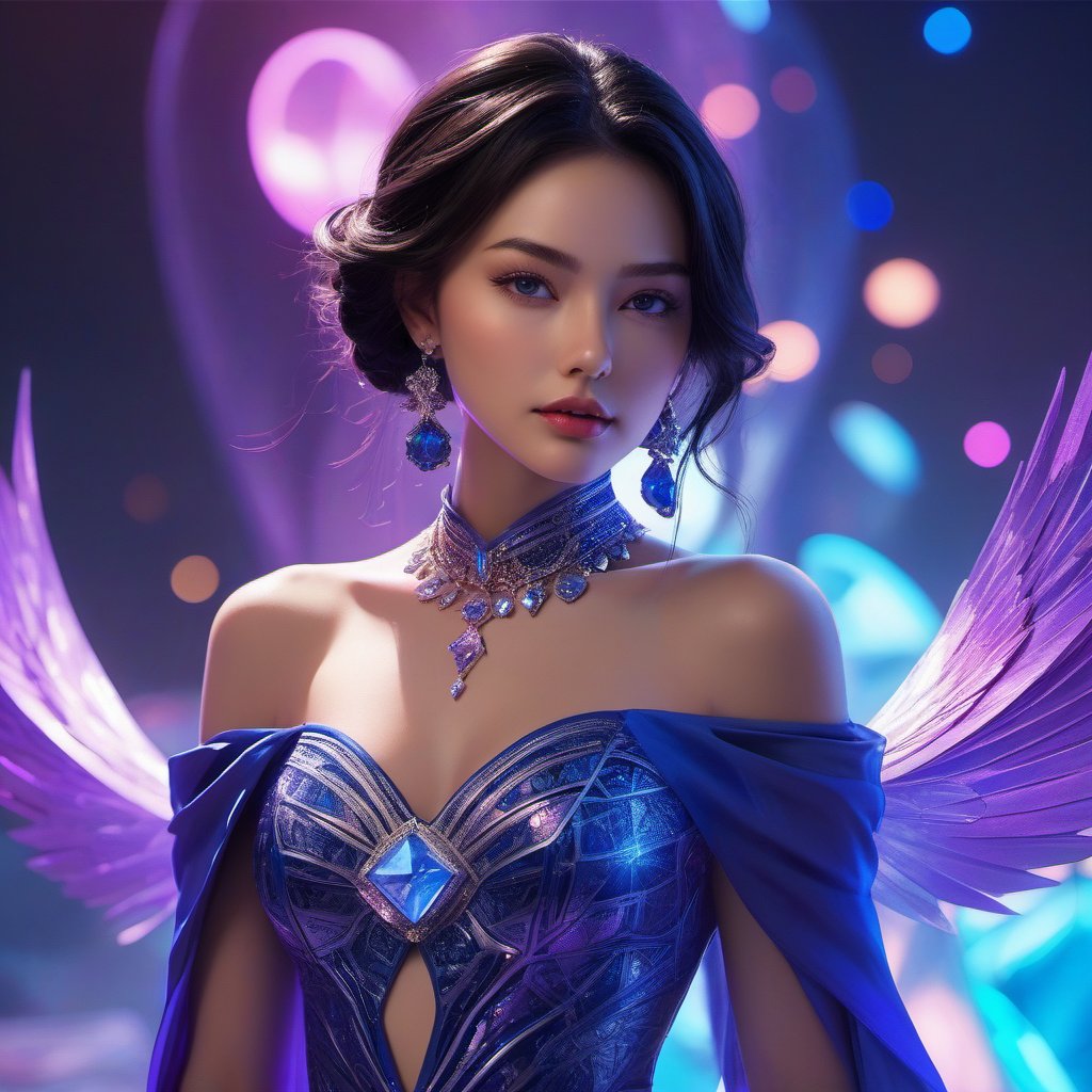 (xxmix girl woman), a woman with porcelain skin, raven-black pin-straight hair, sapphire blue eyes, detailed eyes, draped in a sleek silver silk gown with geometric patterns, a choker of intertwined diamonds and sapphires encircling her neck, standing on a transparent platform suspended among a sea of glowing neon cubes, shades of blues and purples illuminating the vast cybernetic void, (best shadow, dramatic lighting), (masterpiece), (best quality).

