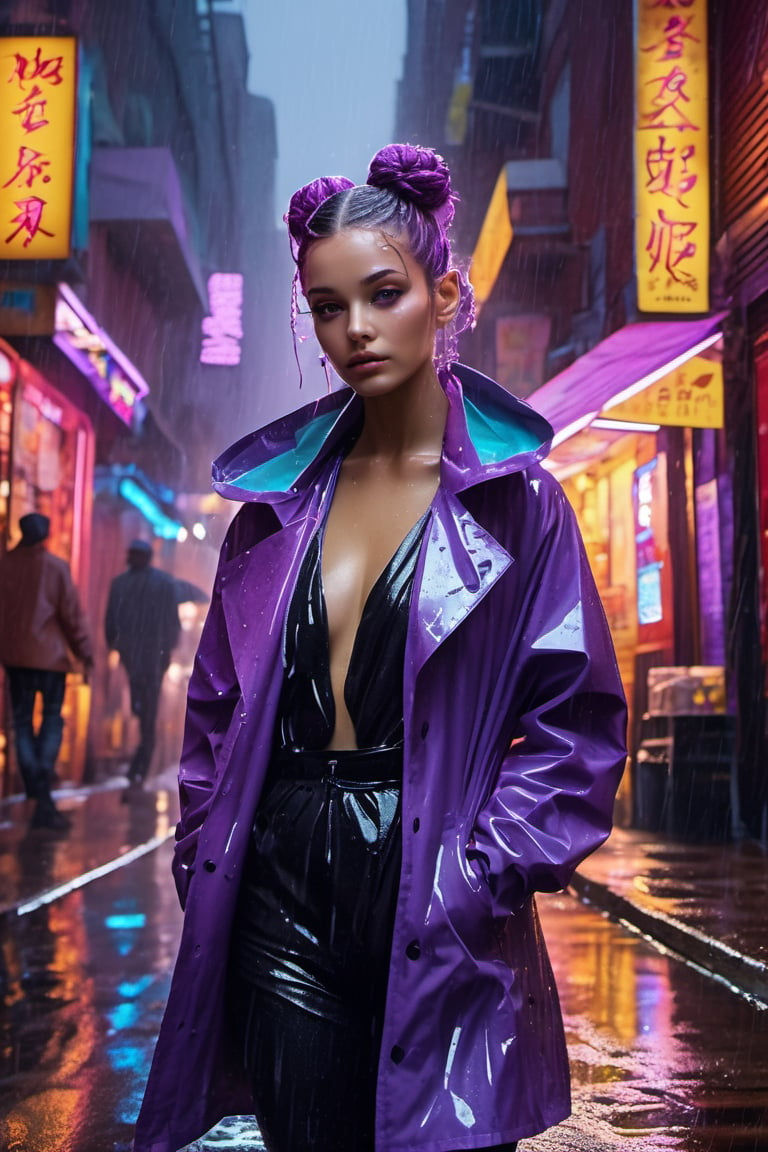 Best quality, masterpiece, ultra high res, (photorealistic:1.4), raw photo,1girl, realistic. Rainy alleyway, woman with vibrant purple double buns, amber eyes reflecting neon lights. Cloaked in a translucent raincoat, black boots splashing in puddles. Neon signs flicker, cats scampering. The rhythmic patter of rain, jazz music from an open window, aroma of hot soup from street vendors.