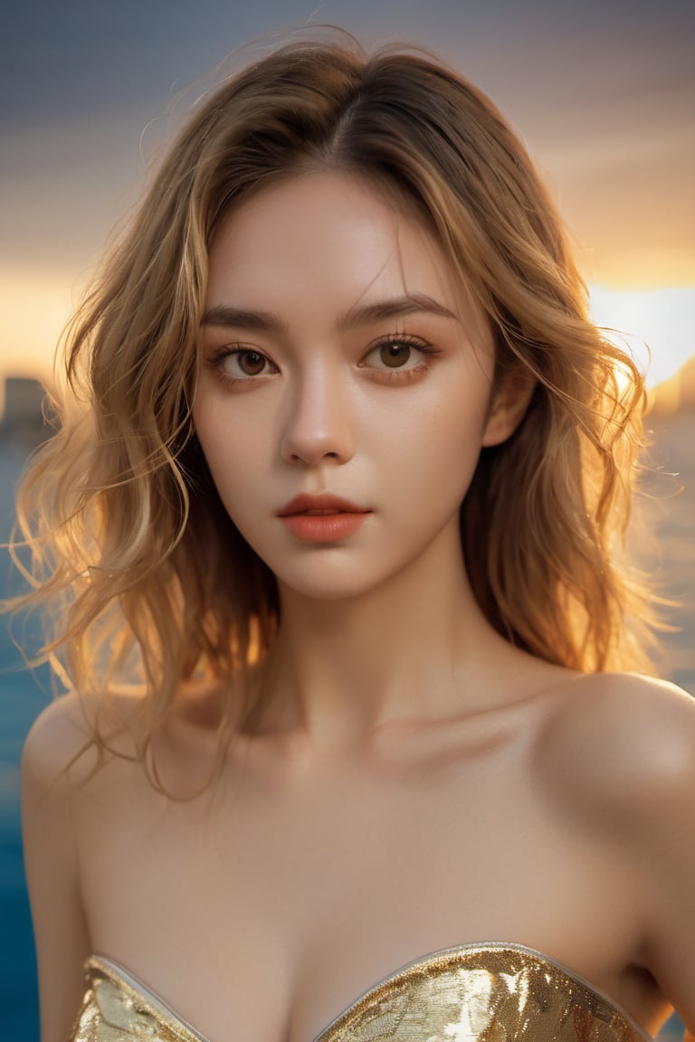 xxmix_girl, masterpiece, best quality, detailed eyes, detailed body, a woman with deep blue eyes and sun-kissed wavy blonde hair sits on the edge of an infinity pool. The sky casts a golden hue as the sun sets, reflecting shimmering patterns on her glimmering golden dress. A gentle breeze ripples the water and her hair, with a distant silhouette of a city skyline in the backdrop.

