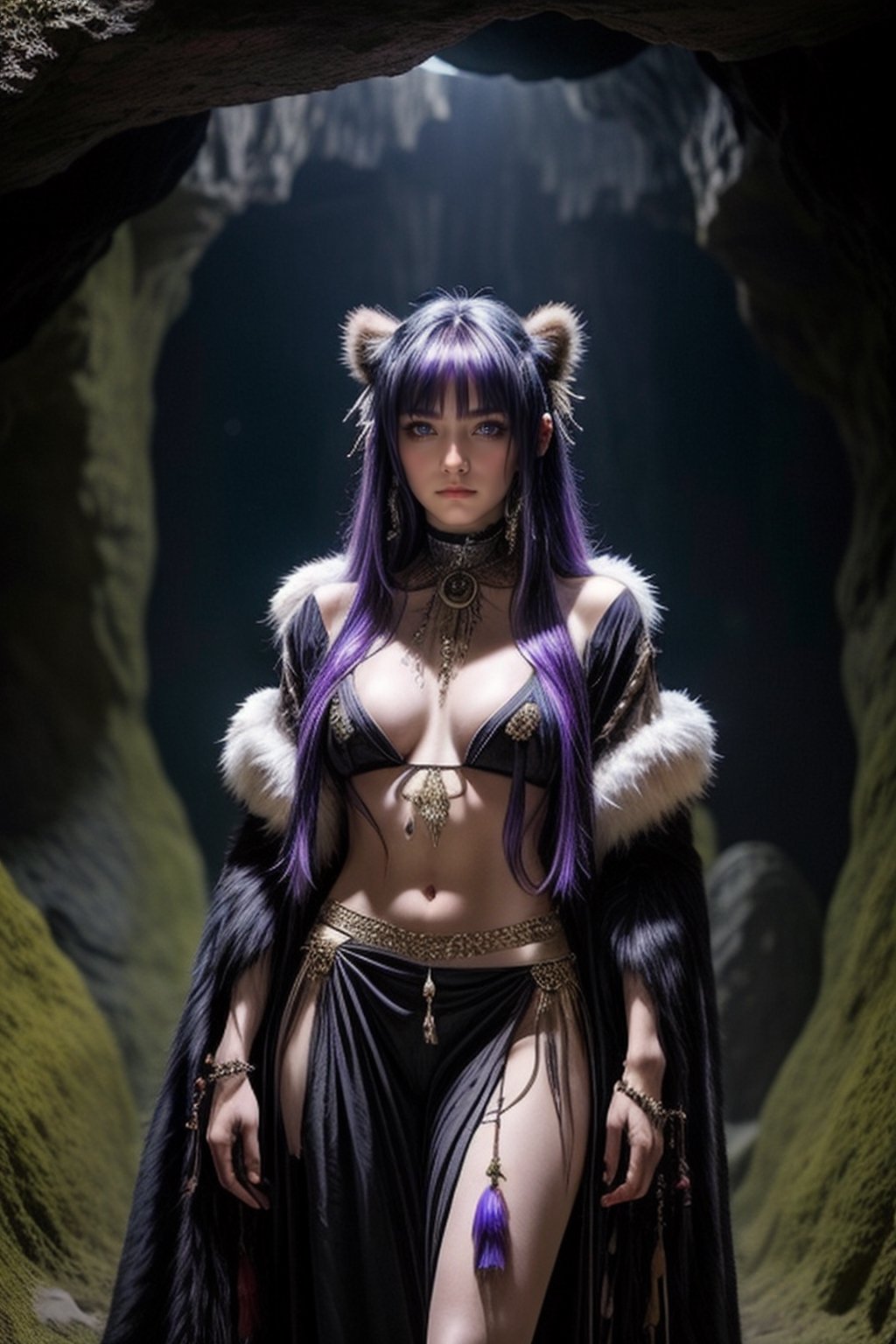 A mesmerizing anime woman with hair the color of midnight, her eyes a haunting shade of lavender. She is attired in a shaman's garb, animal furs and bones dangling from her outfit. She finds herself in a secluded cave, surrounded by mystical totems and shamanic paintings.