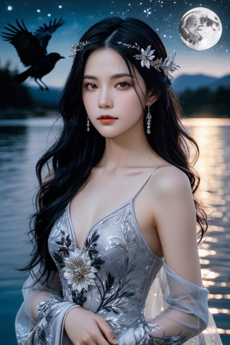 xxmix_girl, detailed eyes, a woman with raven-black hair that cascades in soft waves, wearing a shimmering silver gown with intricate embroidery. She stands at the edge of a tranquil lake, the water mirroring the pale moon and twinkling stars overhead.
