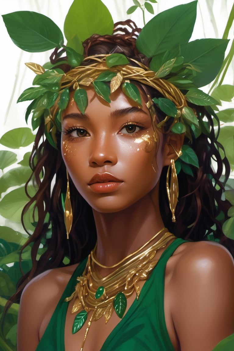 Rainforest guardian woman, earthy brown skin, emerald and gold intertwined hair. Eyes, jungle green, guarding nature's secrets. Leafy headband, lips, ripe berry, singing rain songs. Wooden staff wrapped in vines, xxmix_girl, detailed eyes