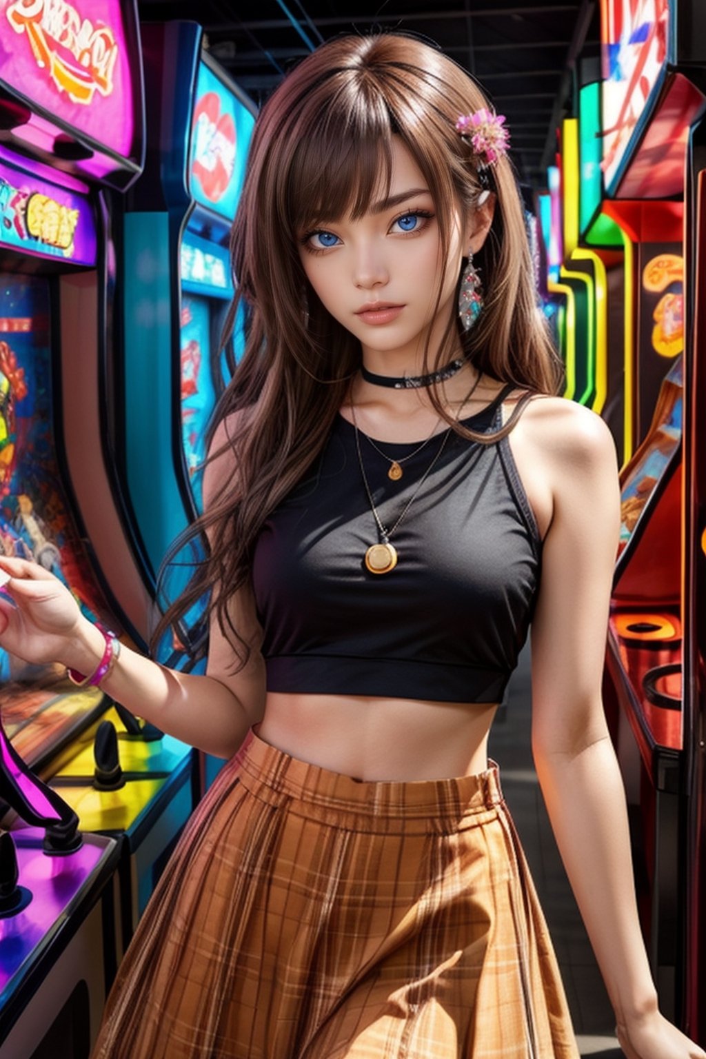 Soft brown hair decorated with tiny pastel-colored hairpins, deep hazel eyes, and artistic eyeshadow. Wearing a bohemian skirt and a trendy crop top. In a Japanese arcade, completely focused on a rhythm game, sexy