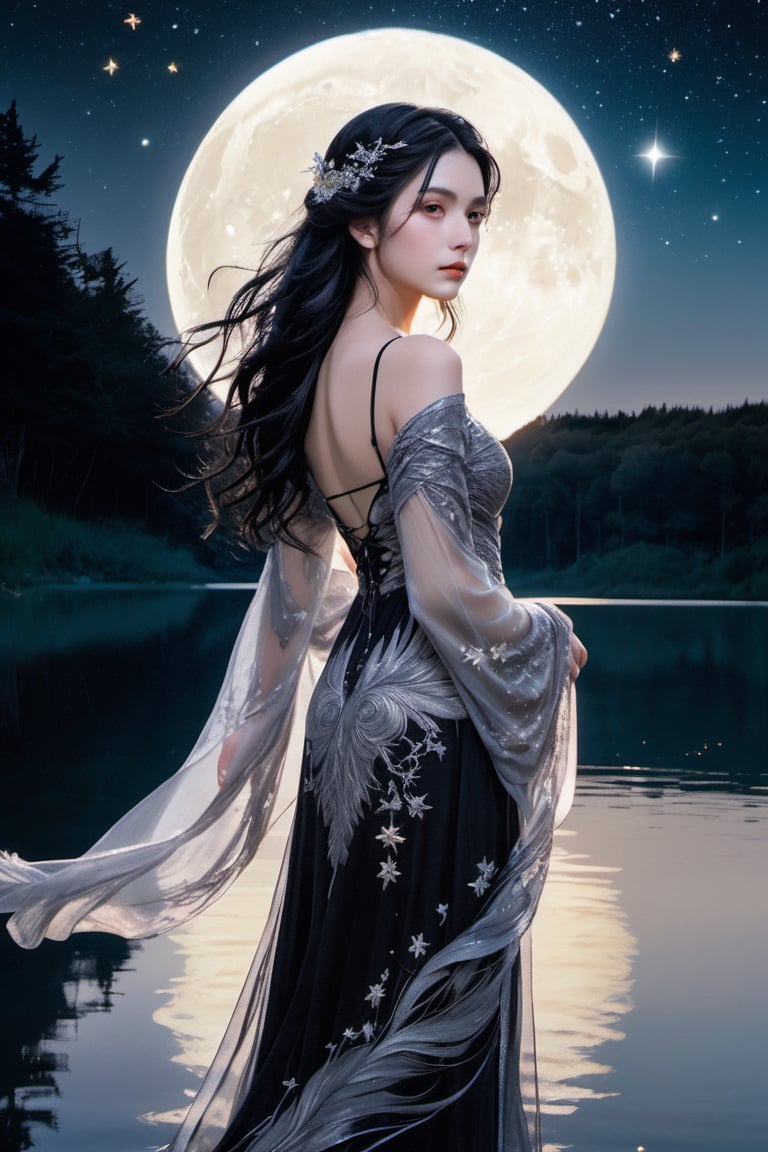 xxmix_girl, detailed eyes, a woman with raven-black hair that cascades in soft waves, wearing a shimmering silver gown with intricate embroidery. She stands at the edge of a tranquil lake, the water mirroring the pale moon and twinkling stars overhead.
