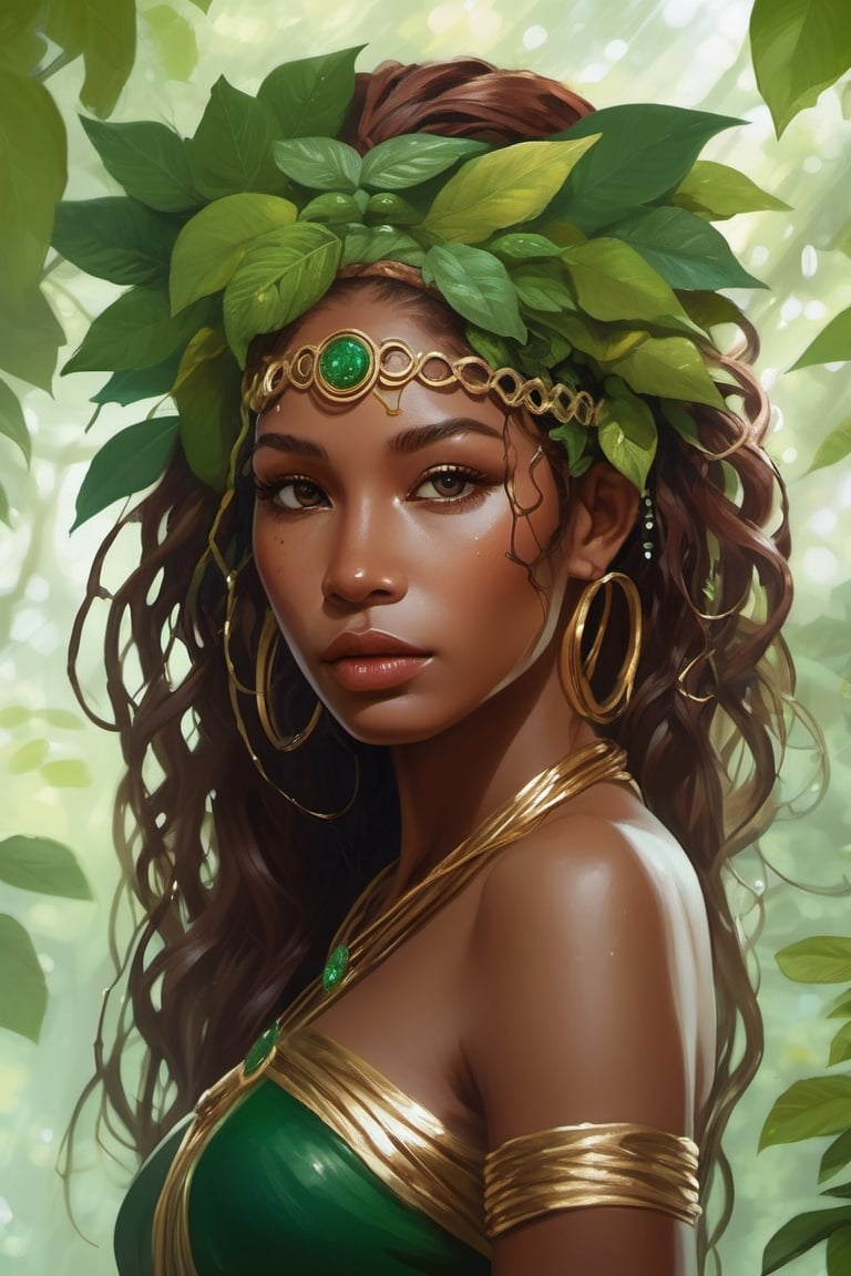 Rainforest guardian woman, earthy brown skin, emerald and gold intertwined hair. Eyes, jungle green, guarding nature's secrets. Leafy headband, lips, ripe berry, singing rain songs. Wooden staff wrapped in vines, xxmix_girl, detailed eyes