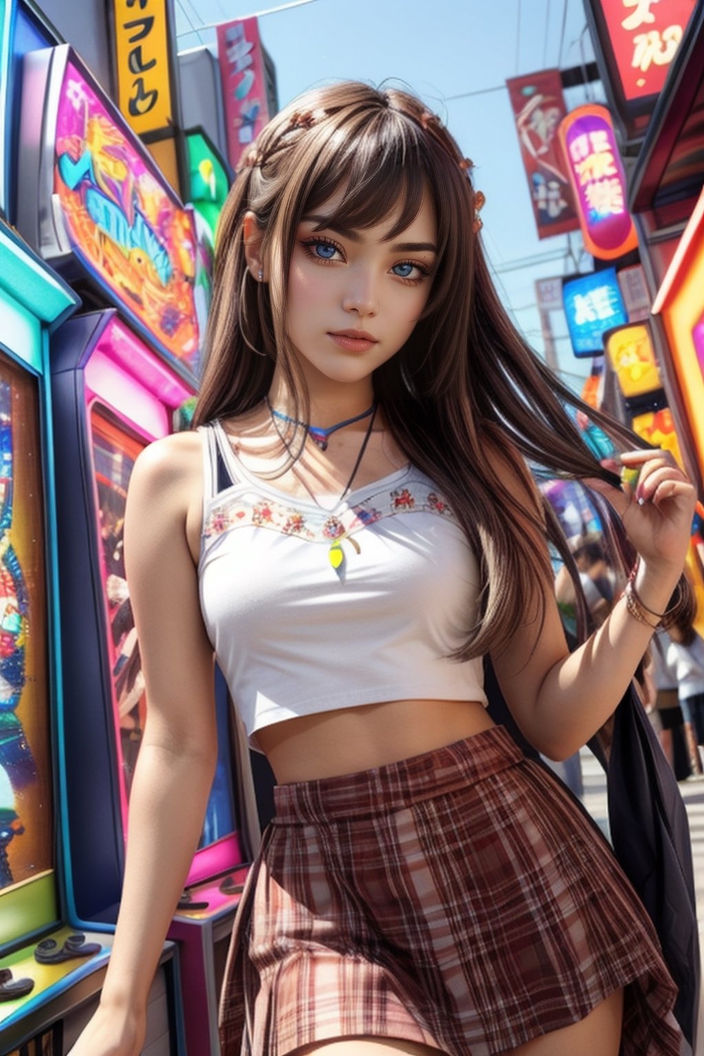 Soft brown hair decorated with tiny pastel-colored hairpins, deep hazel eyes, and artistic eyeshadow. Wearing a bohemian skirt and a trendy crop top. In a Japanese arcade, completely focused on a rhythm game, sexy